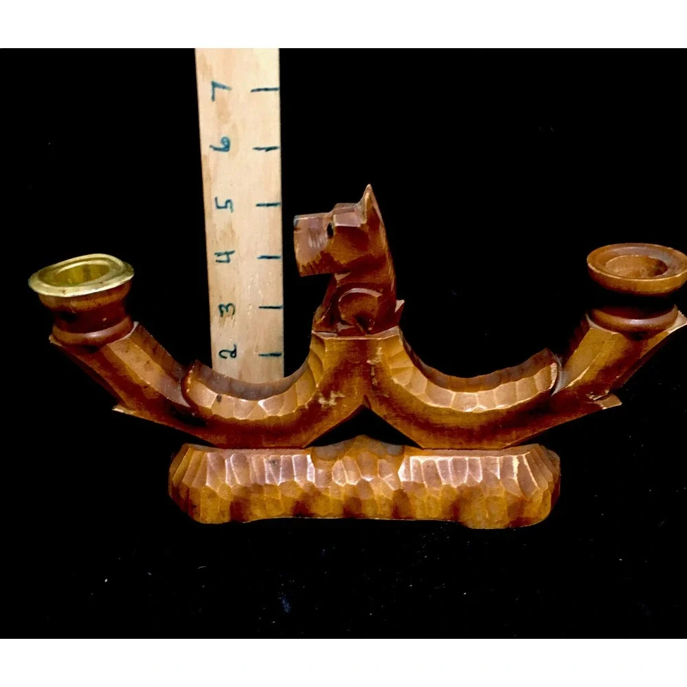 Vintage Scottish Terrier Scotty Dog Hand Carved Wooden Double Candle Holder